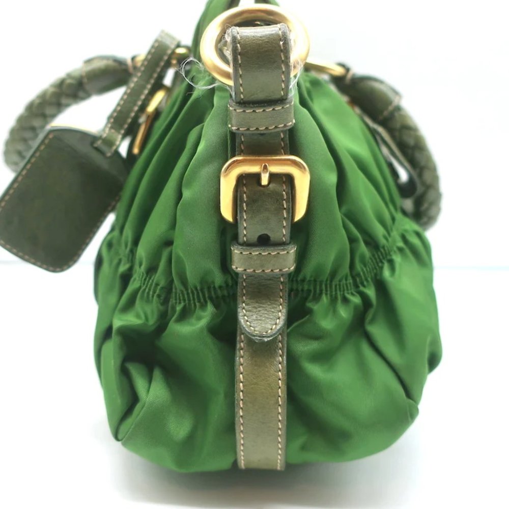 Prada Tessuto Gaufre Braided Handle Satchel Green Nylon Medium Crossbody Bag - Picture 6 of 12